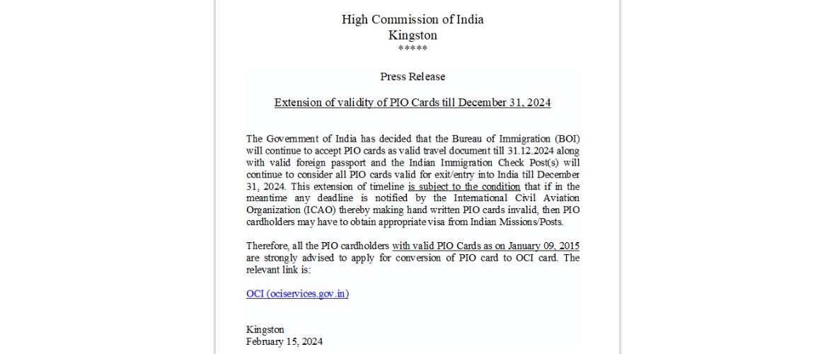  Extension of validity of PIO Cards till December 31, 2024