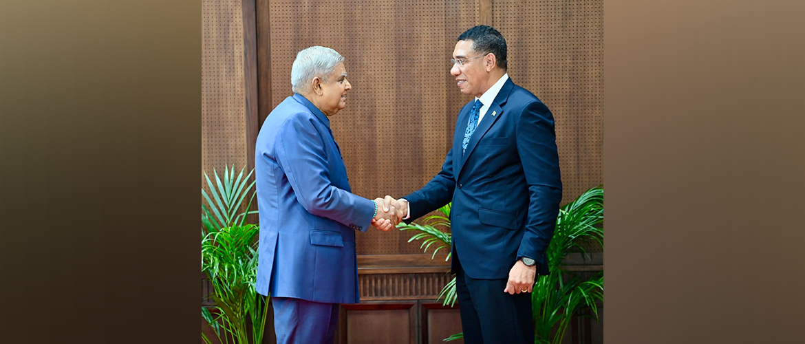  Dr. The Most Honourable Andrew Holness, The Prime Minister of Jamaica, meets with H.E. Shri Jagdeep Dhankhar, Vice President of India on his visit to India.